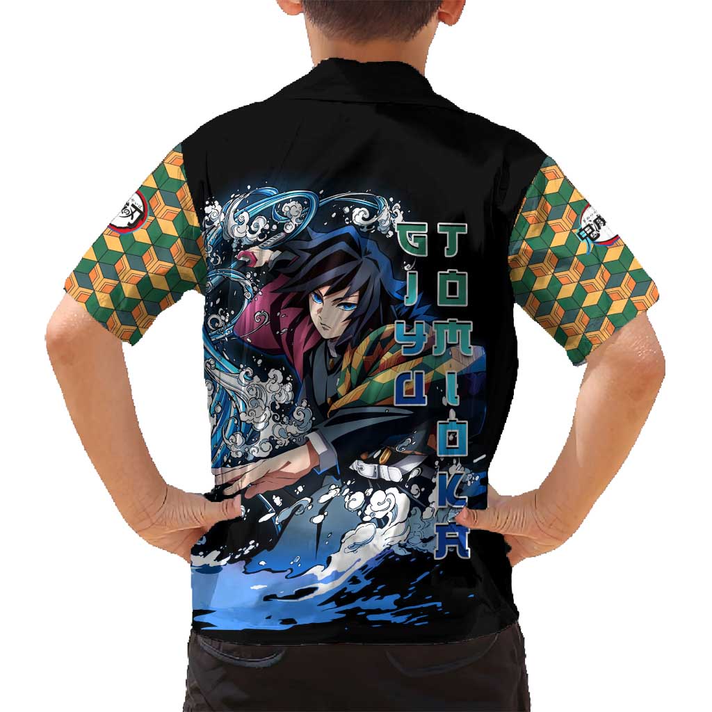 Giyu Tomioka Demon Slayer Family Matching Off Shoulder Short Dress and Hawaiian Shirt with Green and Orange Cube Water Style Design - The Mazicc