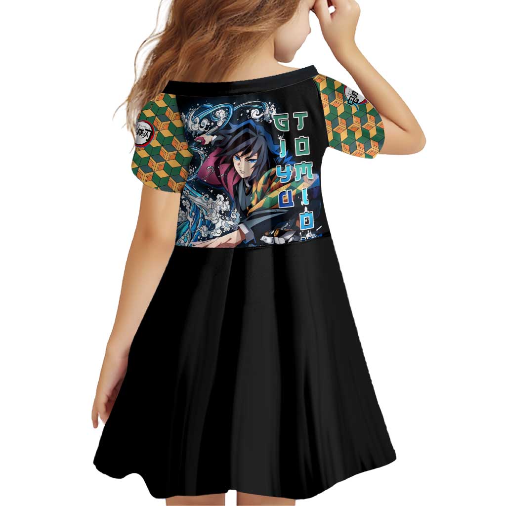 Giyu Tomioka Demon Slayer Family Matching Off Shoulder Short Dress and Hawaiian Shirt with Green and Orange Cube Water Style Design - The Mazicc