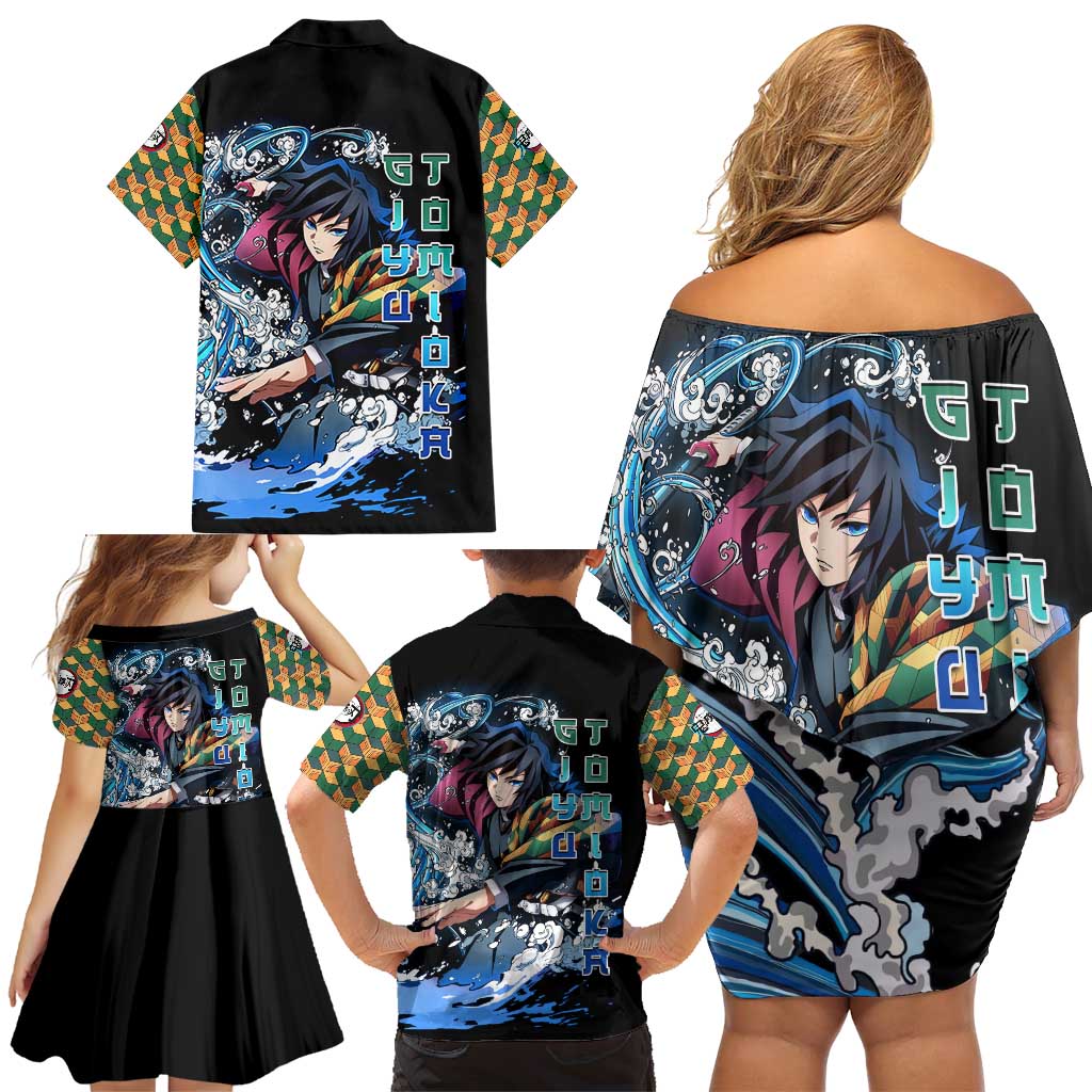 Giyu Tomioka Demon Slayer Family Matching Off Shoulder Short Dress and Hawaiian Shirt with Green and Orange Cube Water Style Design - The Mazicc