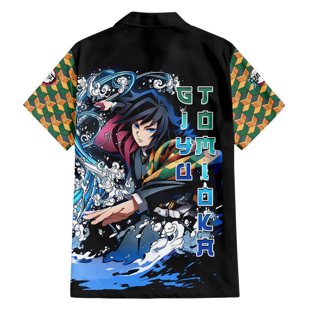 Giyu Tomioka Demon Slayer Family Matching Off Shoulder Short Dress and Hawaiian Shirt with Green and Orange Cube Water Style Design - The Mazicc