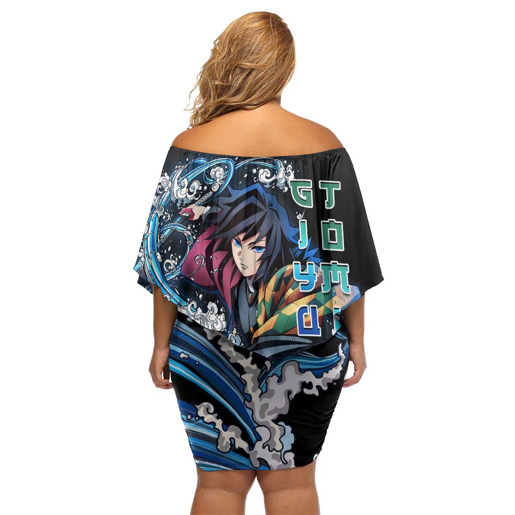 Giyu Tomioka Demon Slayer Family Matching Off Shoulder Short Dress and Hawaiian Shirt with Green and Orange Cube Water Style Design - The Mazicc