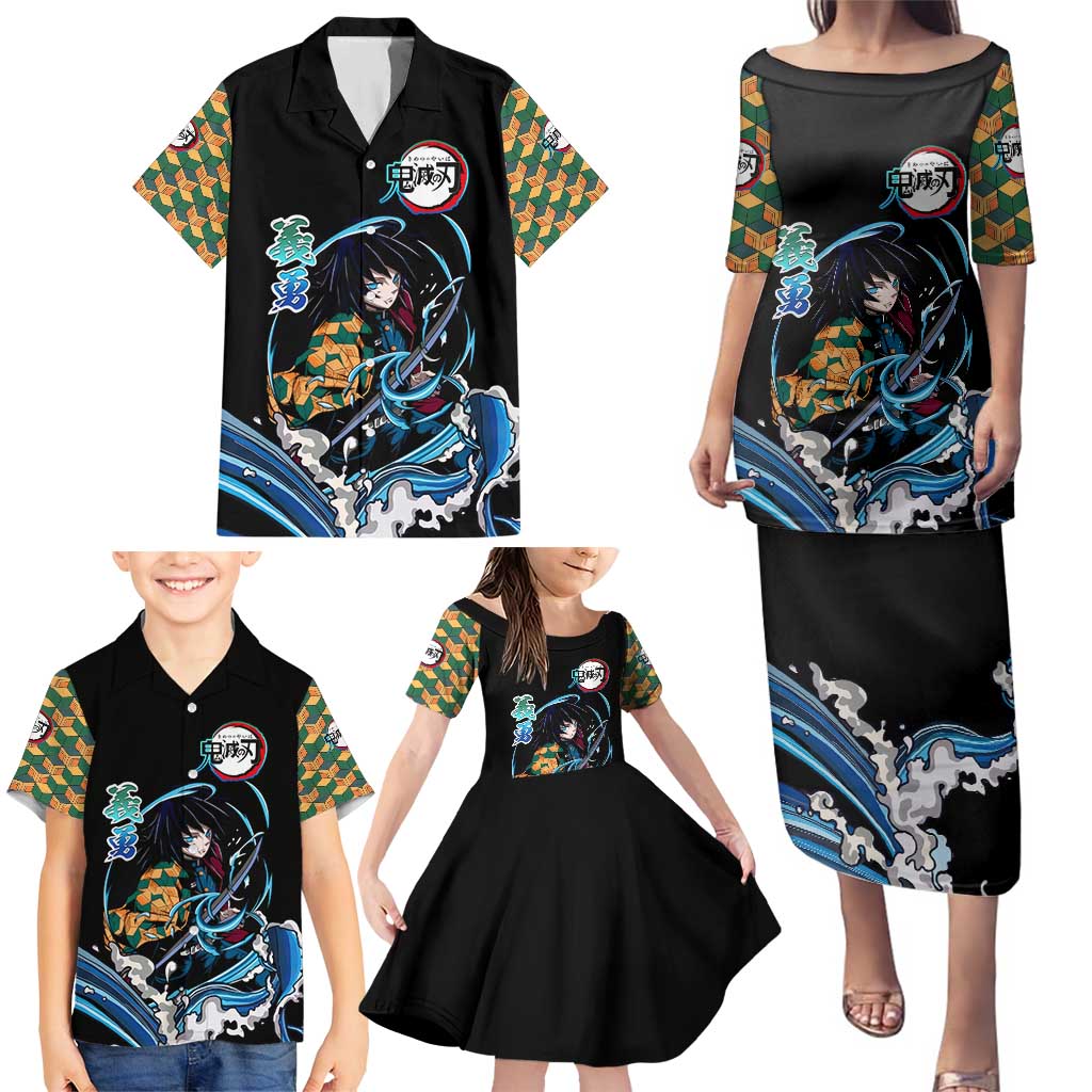 Giyu Tomioka Demon Slayer Family Matching Puletasi and Hawaiian Shirt with Green and Orange Cube Water Style Design - The Mazicc