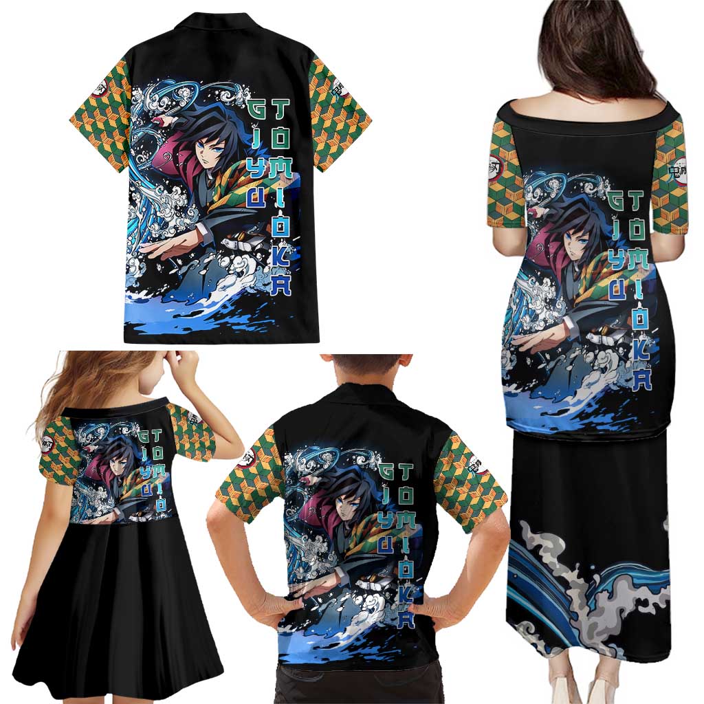 Giyu Tomioka Demon Slayer Family Matching Puletasi and Hawaiian Shirt with Green and Orange Cube Water Style Design - The Mazicc