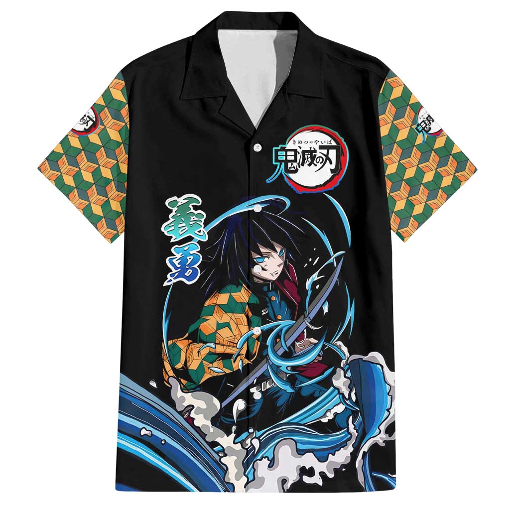 Giyu Tomioka Demon Slayer Family Matching Puletasi and Hawaiian Shirt with Green and Orange Cube Water Style Design - The Mazicc