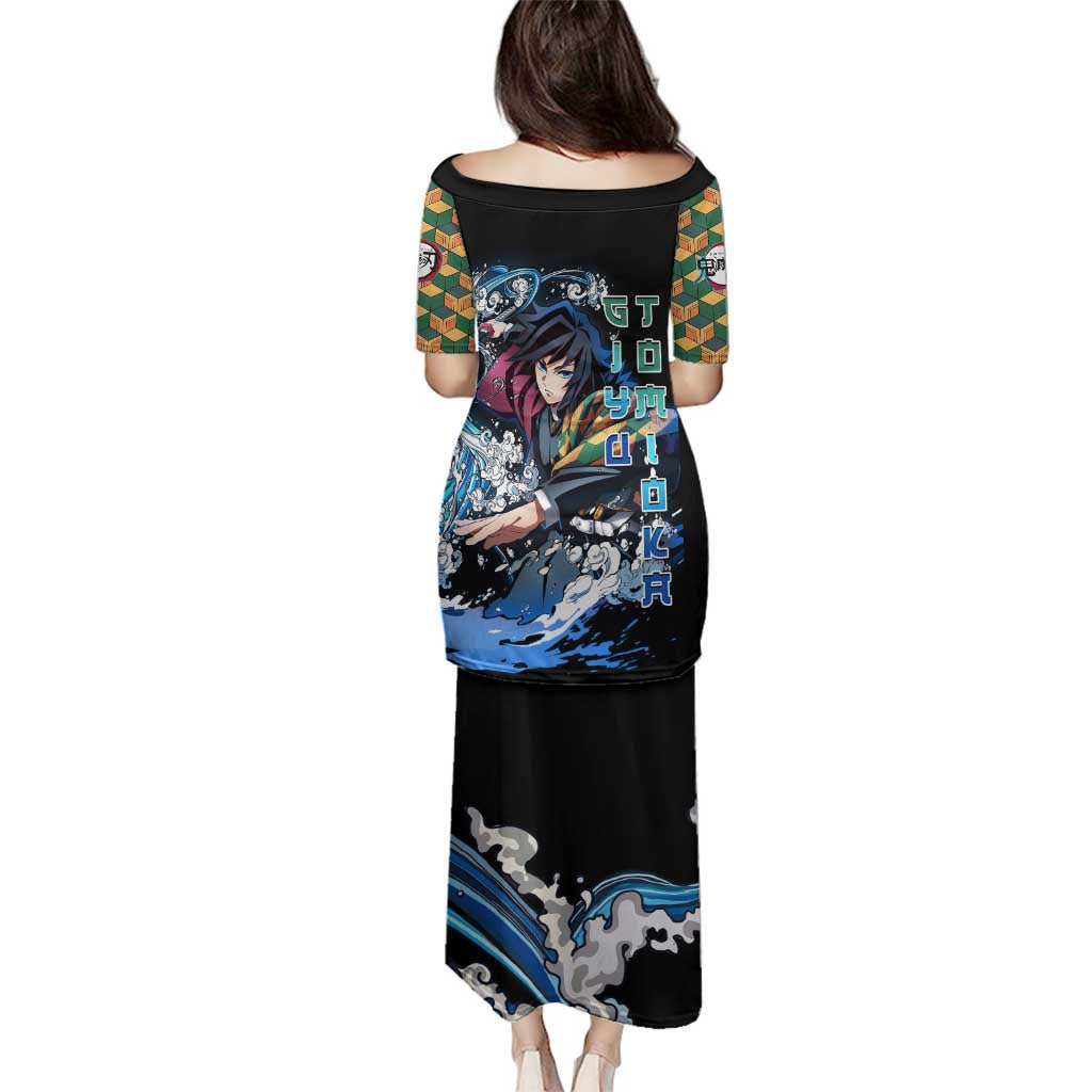 Giyu Tomioka Demon Slayer Family Matching Puletasi and Hawaiian Shirt with Green and Orange Cube Water Style Design - The Mazicc