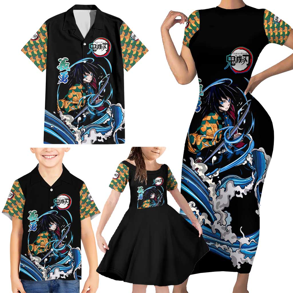 Giyu Tomioka Demon Slayer Family Matching Short Sleeve Bodycon Dress and Hawaiian Shirt with Green and Orange Cube Water Style Design - The Mazicc