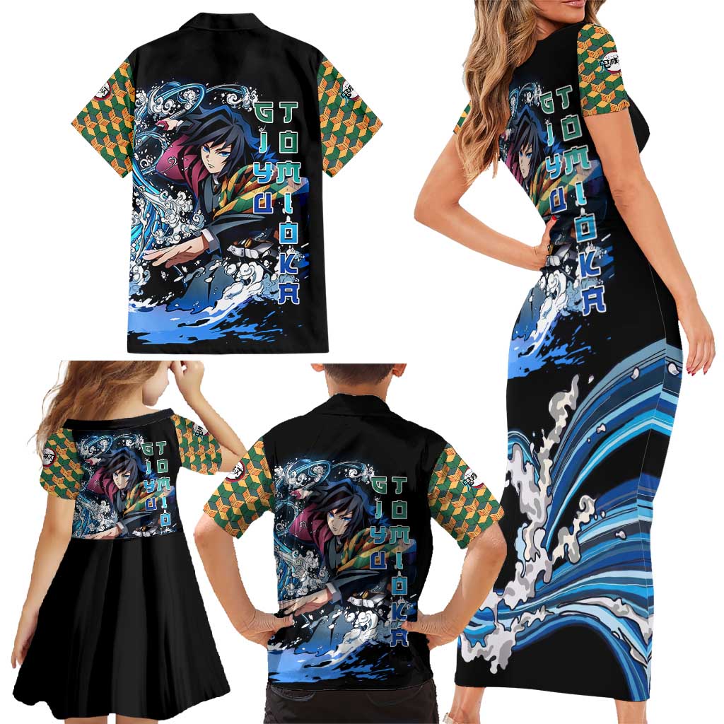 Giyu Tomioka Demon Slayer Family Matching Short Sleeve Bodycon Dress and Hawaiian Shirt with Green and Orange Cube Water Style Design - The Mazicc