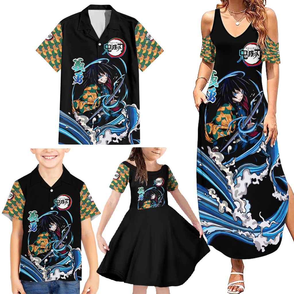 Giyu Tomioka Demon Slayer Family Matching Summer Maxi Dress and Hawaiian Shirt with Green and Orange Cube Water Style Design - The Mazicc