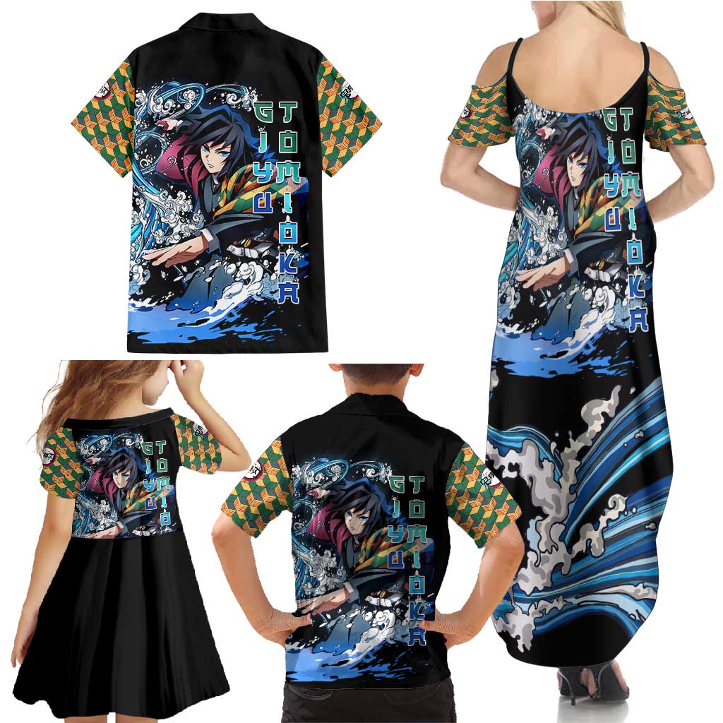 Giyu Tomioka Demon Slayer Family Matching Summer Maxi Dress and Hawaiian Shirt with Green and Orange Cube Water Style Design - The Mazicc