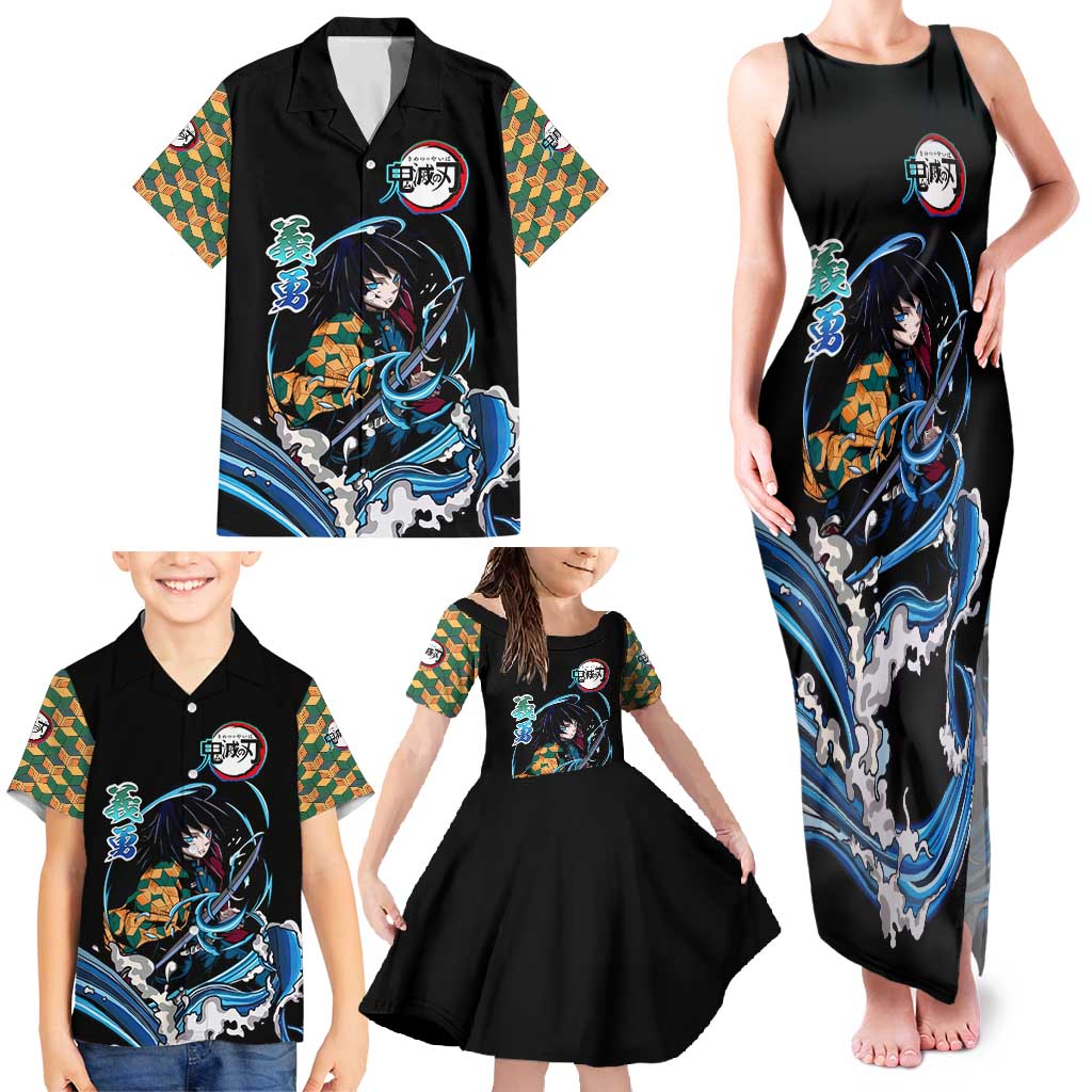 Giyu Tomioka Demon Slayer Family Matching Tank Maxi Dress and Hawaiian Shirt with Green and Orange Cube Water Style Design - The Mazicc
