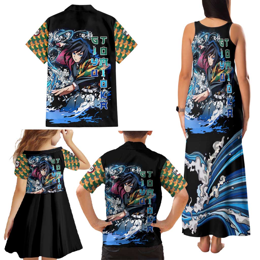 Giyu Tomioka Demon Slayer Family Matching Tank Maxi Dress and Hawaiian Shirt with Green and Orange Cube Water Style Design - The Mazicc