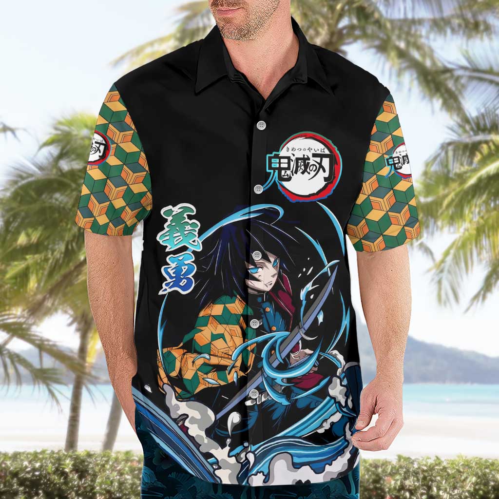 Giyu Tomioka Demon Slayer Hawaiian Shirt with Green and Orange Cube Water Style Design - The Mazicc