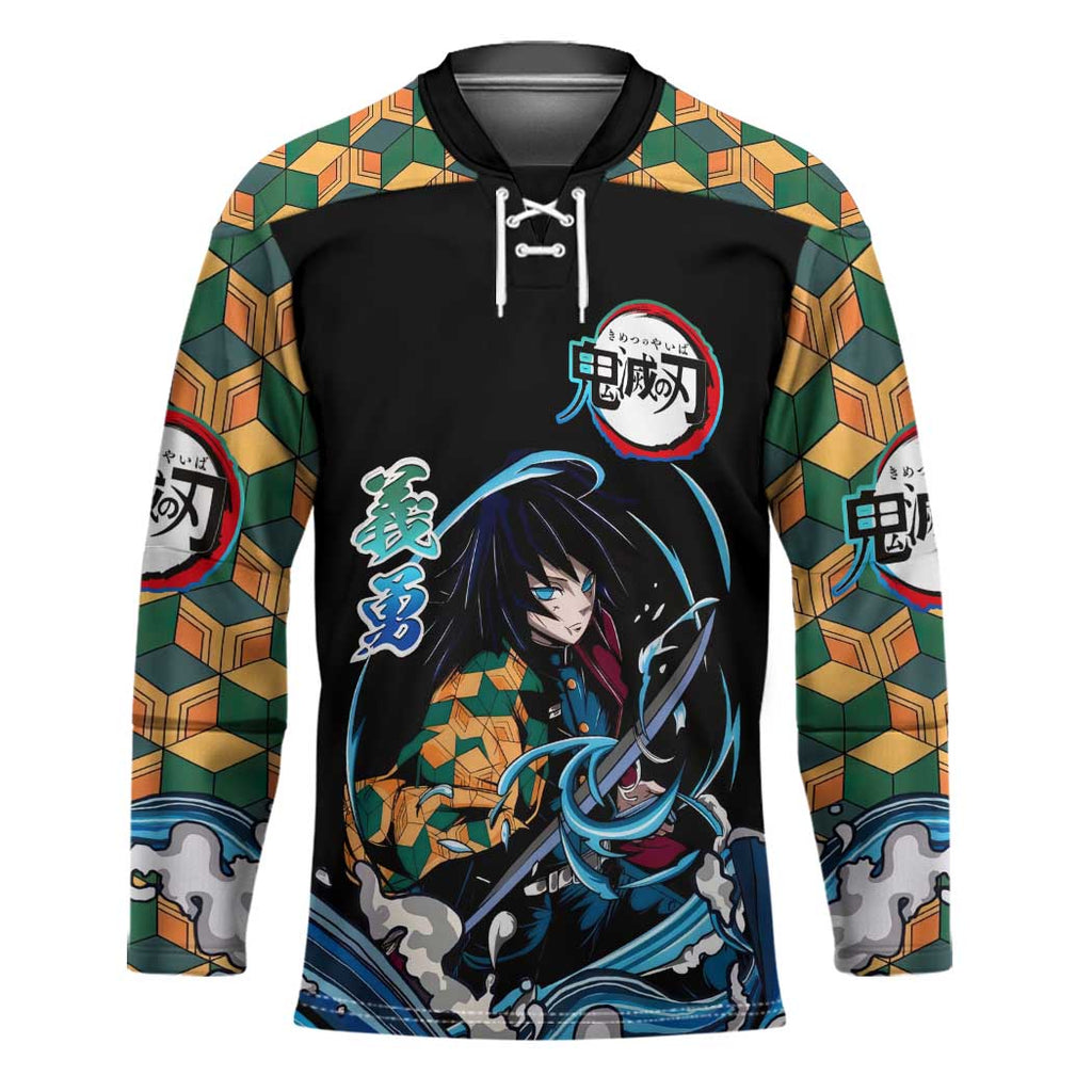 Giyu Tomioka Demon Slayer Hockey Jersey with Green and Orange Cube Water Style Design - The Mazicc