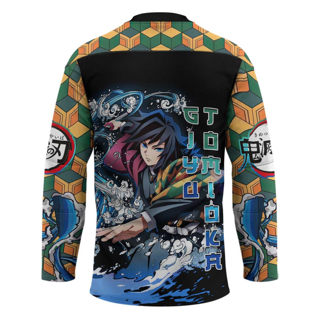 Giyu Tomioka Demon Slayer Hockey Jersey with Green and Orange Cube Water Style Design - The Mazicc