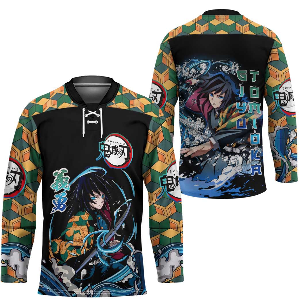 Giyu Tomioka Demon Slayer Hockey Jersey with Green and Orange Cube Water Style Design - The Mazicc