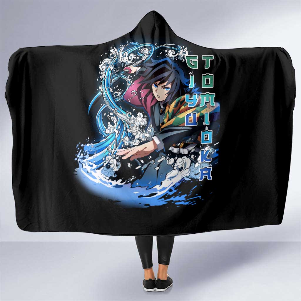 Giyu Tomioka Demon Slayer Hooded Blanket with Green and Orange Cube Water Style Design - The Mazicc