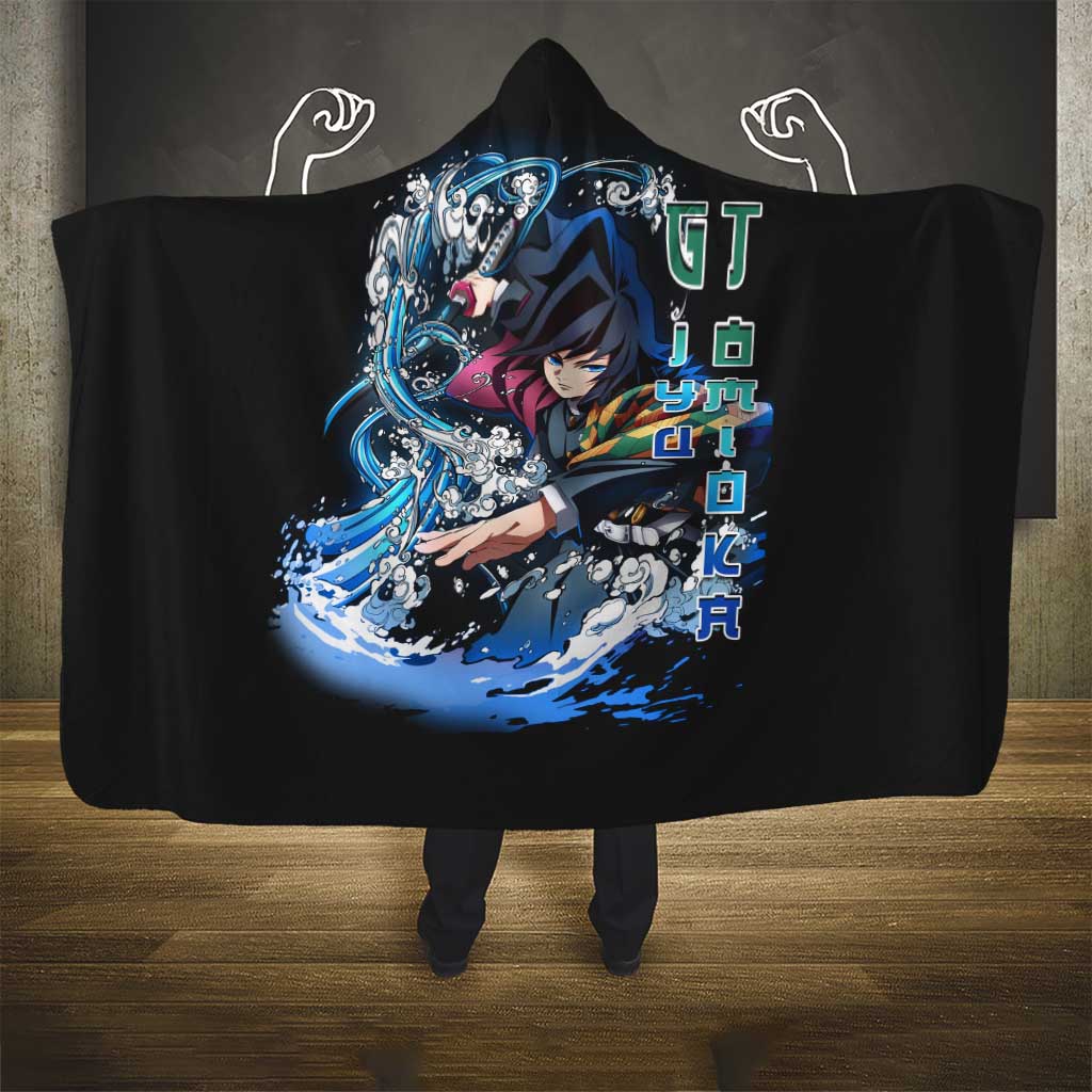 Giyu Tomioka Demon Slayer Hooded Blanket with Green and Orange Cube Water Style Design - The Mazicc