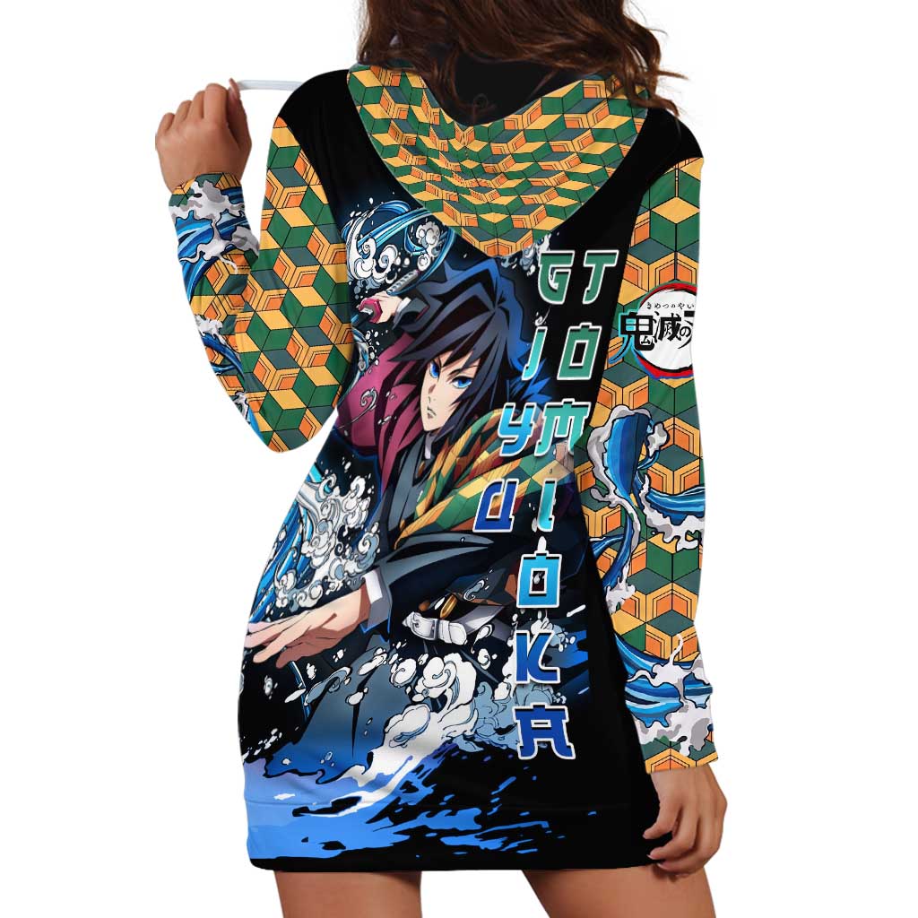 Giyu Tomioka Demon Slayer Hoodie Dress with Green and Orange Cube Water Style Design - The Mazicc