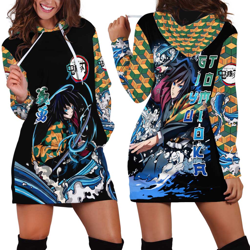 Giyu Tomioka Demon Slayer Hoodie Dress with Green and Orange Cube Water Style Design - The Mazicc