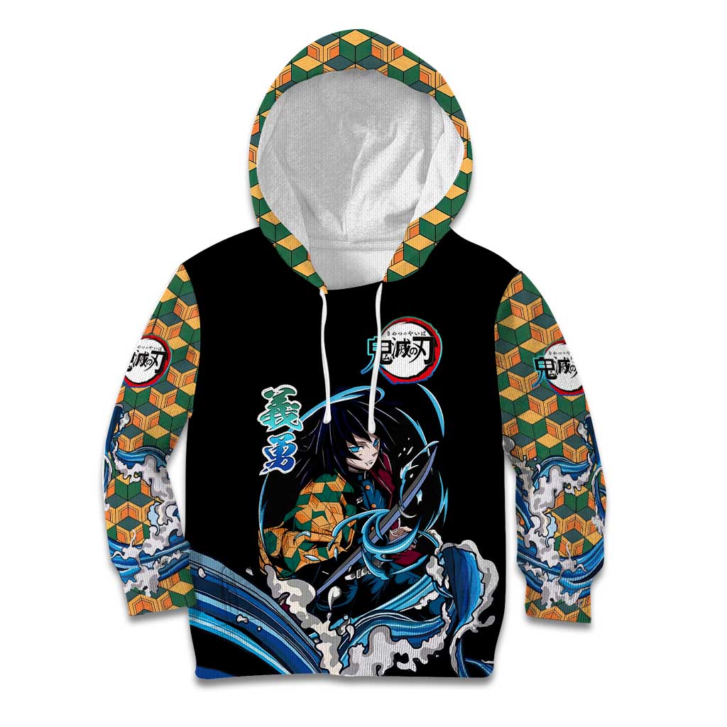 Giyu Tomioka Demon Slayer Kid Hoodie with Green and Orange Cube Water Style Design - The Mazicc