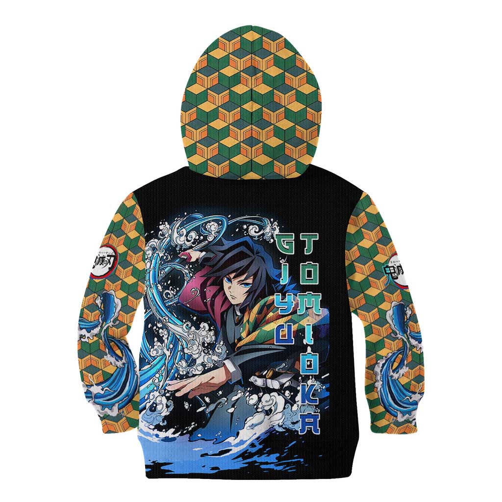 Giyu Tomioka Demon Slayer Kid Hoodie with Green and Orange Cube Water Style Design - The Mazicc