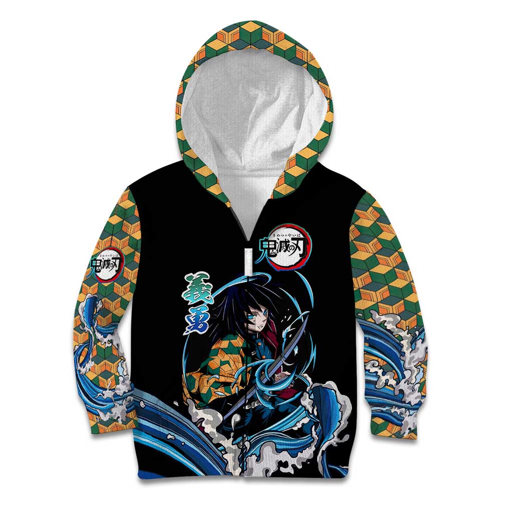 Giyu Tomioka Demon Slayer Kid Hoodie with Green and Orange Cube Water Style Design - The Mazicc