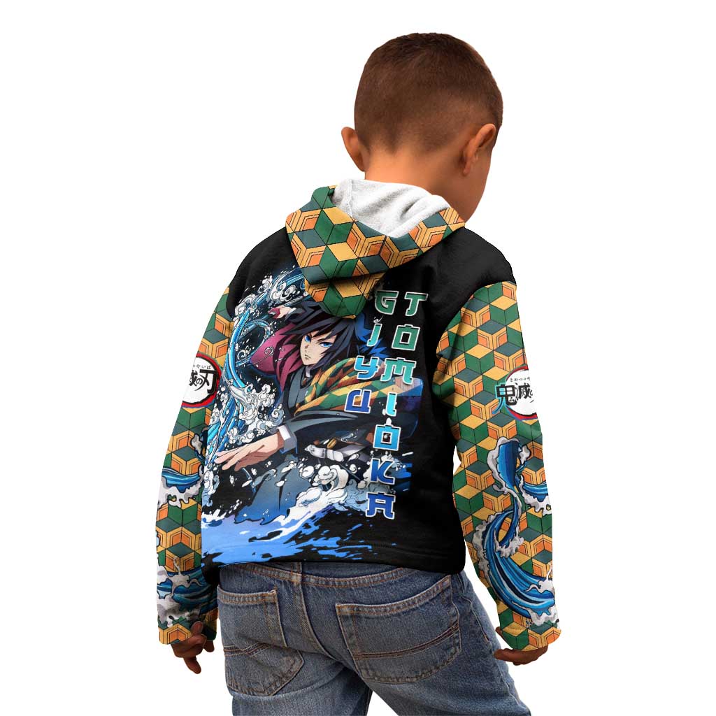 Giyu Tomioka Demon Slayer Kid Hoodie with Green and Orange Cube Water Style Design - The Mazicc