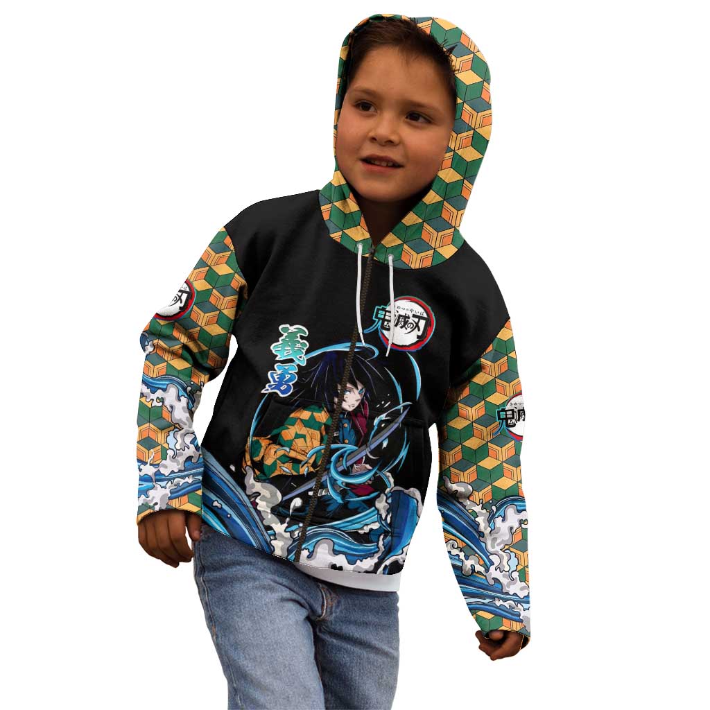 Giyu Tomioka Demon Slayer Kid Hoodie with Green and Orange Cube Water Style Design - The Mazicc