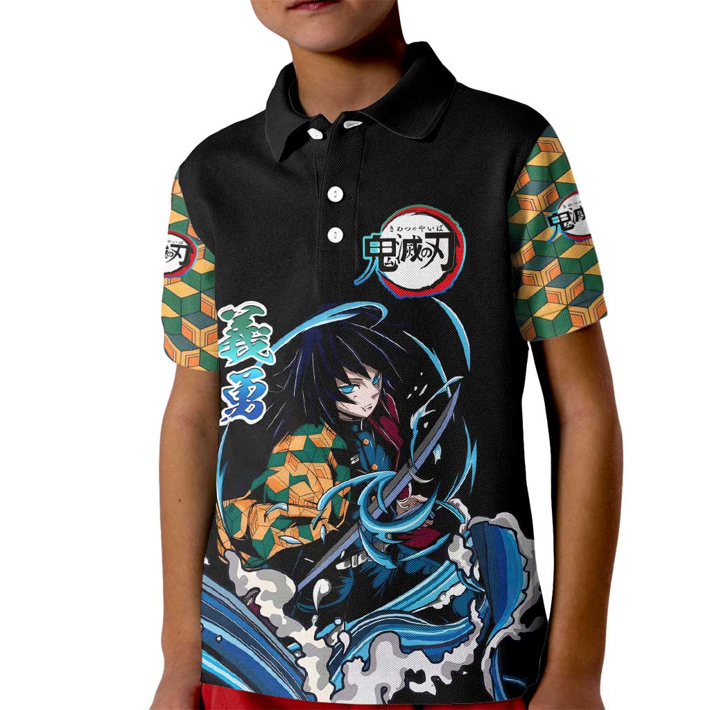 Giyu Tomioka Demon Slayer Kid Polo Shirt with Green and Orange Cube Water Style Design - The Mazicc