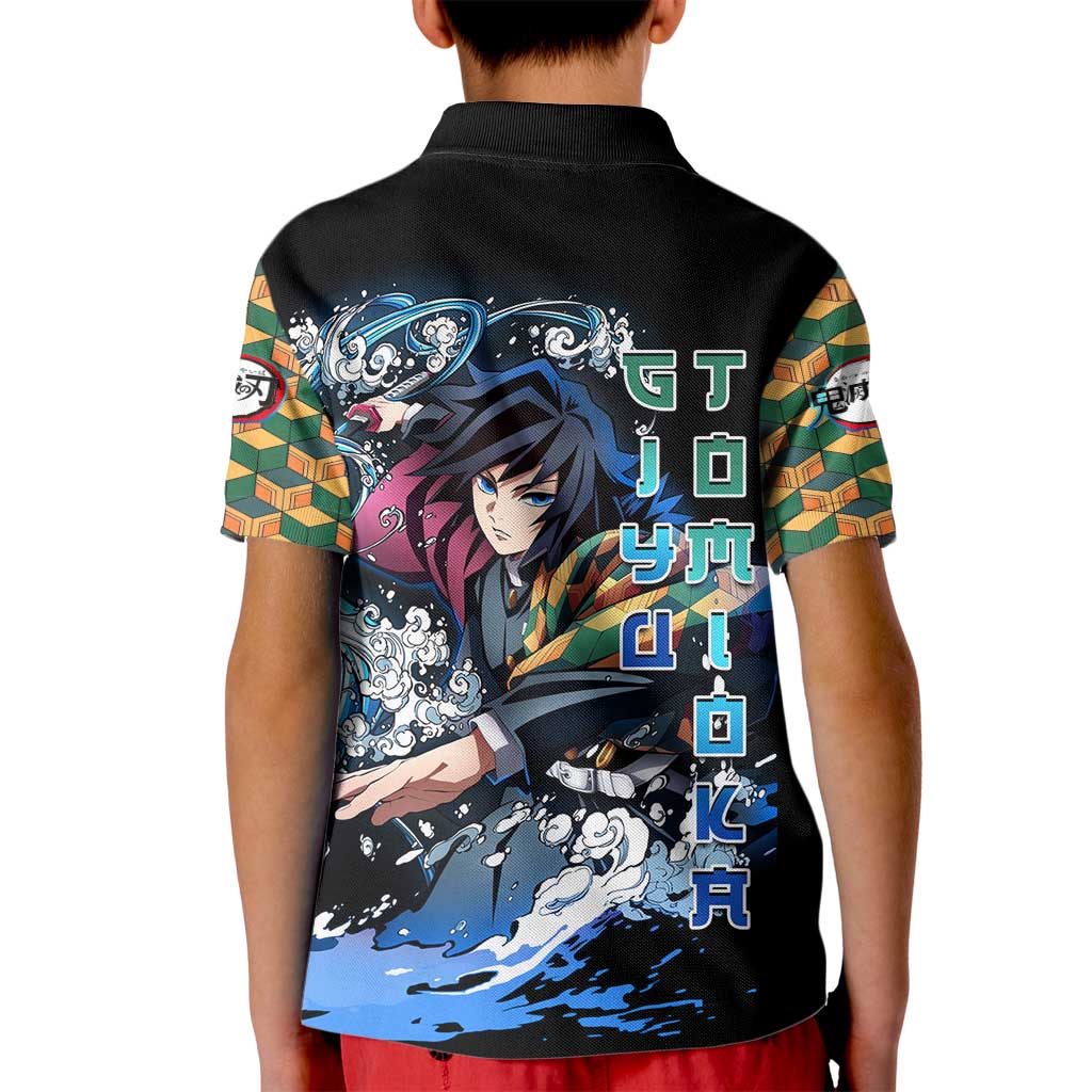 Giyu Tomioka Demon Slayer Kid Polo Shirt with Green and Orange Cube Water Style Design - The Mazicc