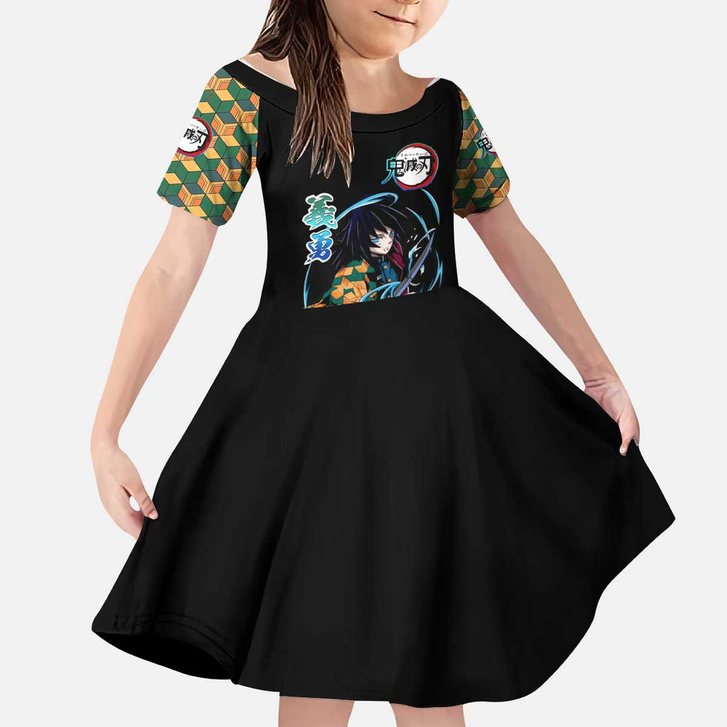 Giyu Tomioka Demon Slayer Kid Short Sleeve Dress with Green and Orange Cube Water Style Design - The Mazicc