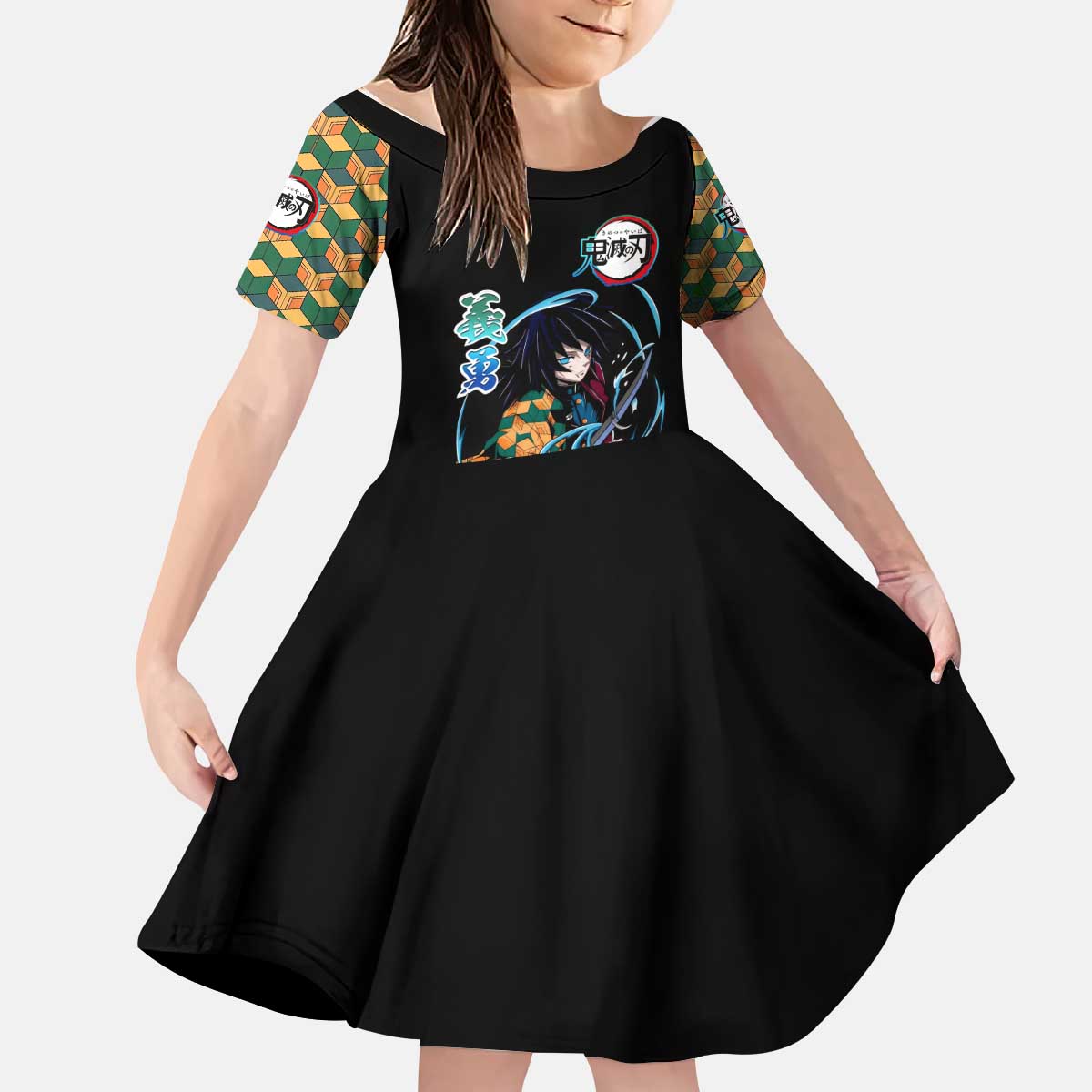 Giyu Tomioka Demon Slayer Kid Short Sleeve Dress with Green and Orange Cube Water Style Design - The Mazicc