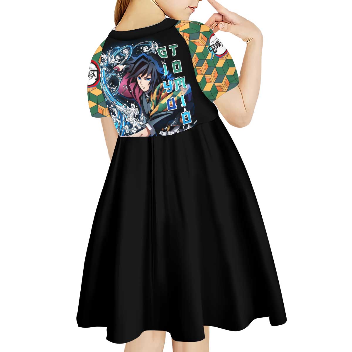 Giyu Tomioka Demon Slayer Kid Short Sleeve Dress with Green and Orange Cube Water Style Design - The Mazicc
