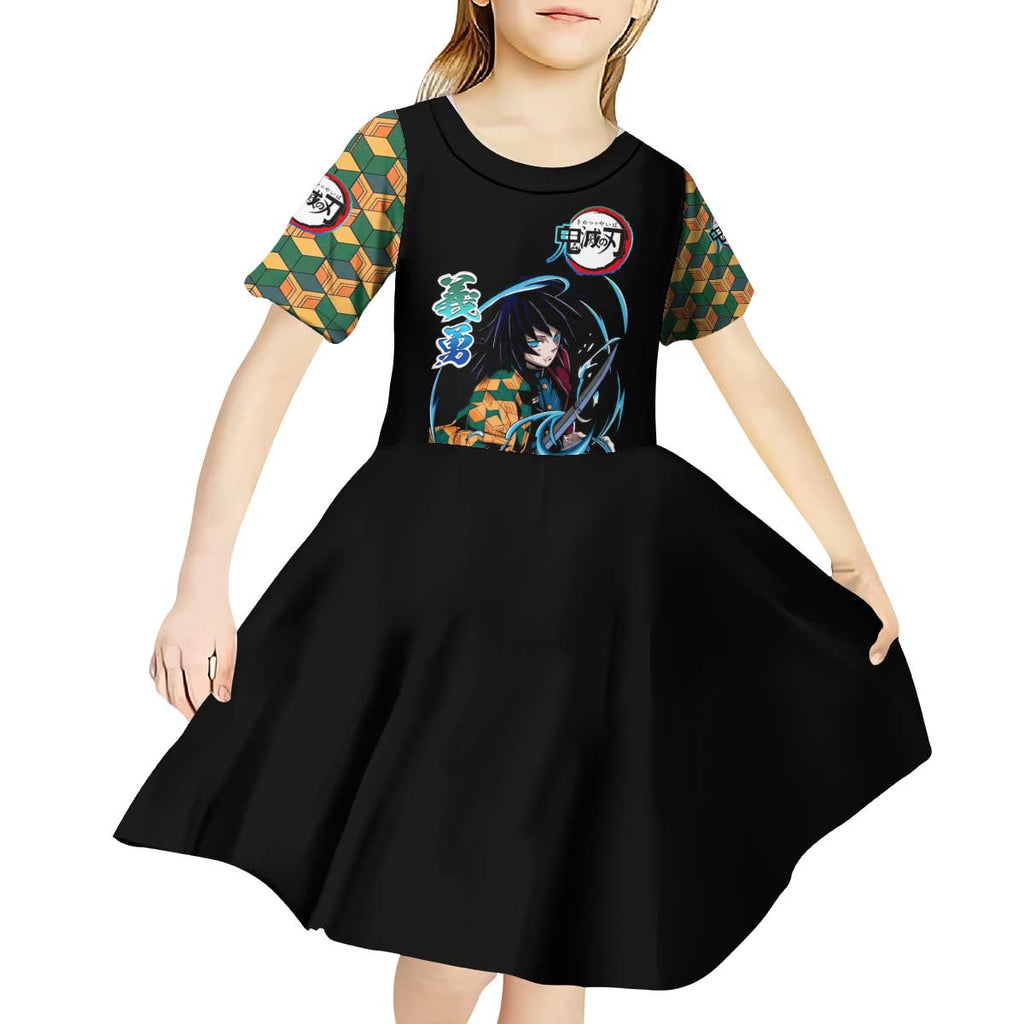 Giyu Tomioka Demon Slayer Kid Short Sleeve Dress with Green and Orange Cube Water Style Design - The Mazicc