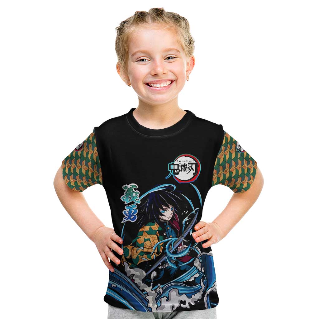 Giyu Tomioka Demon Slayer Kid T Shirt with Green and Orange Cube Water Style Design - The Mazicc