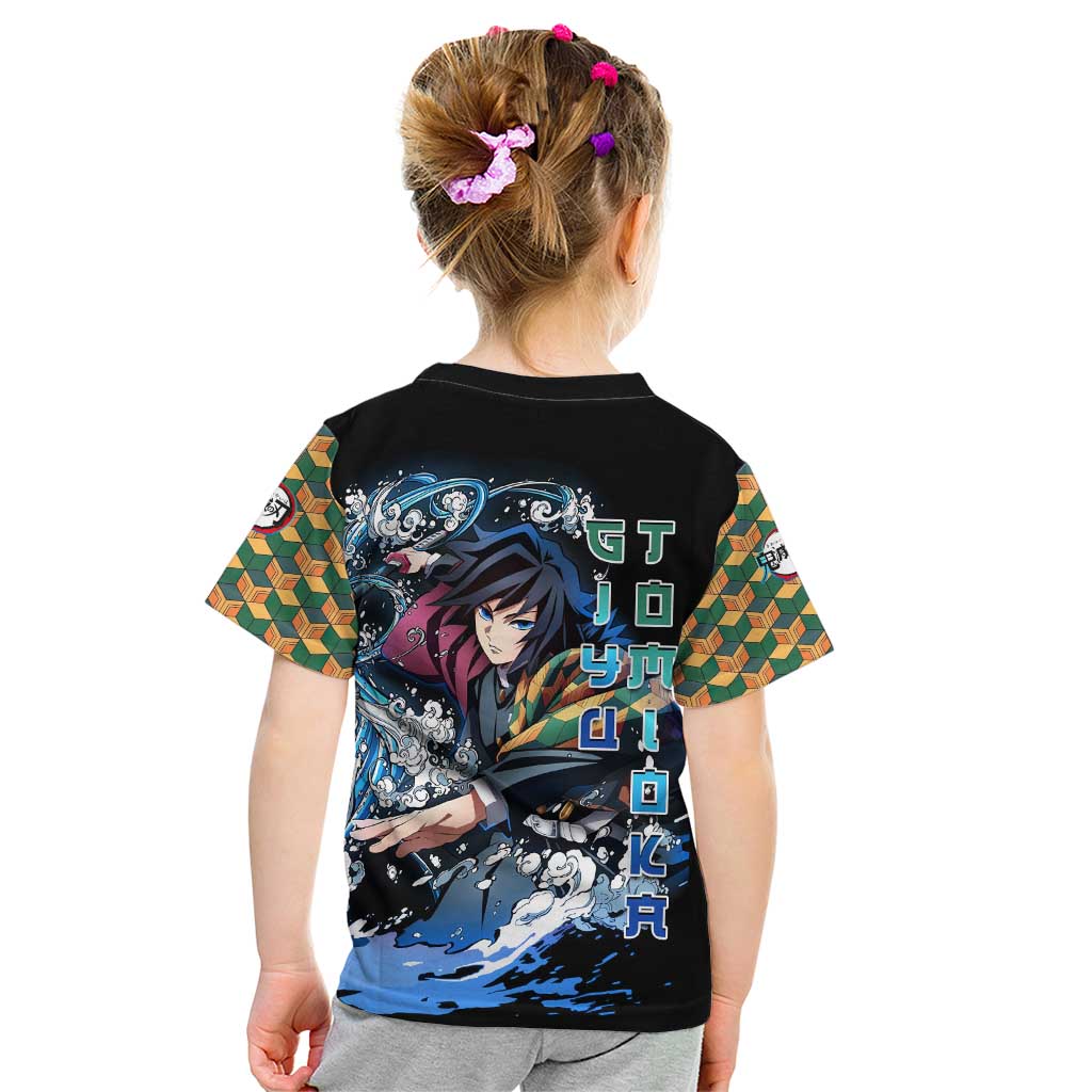 Giyu Tomioka Demon Slayer Kid T Shirt with Green and Orange Cube Water Style Design - The Mazicc