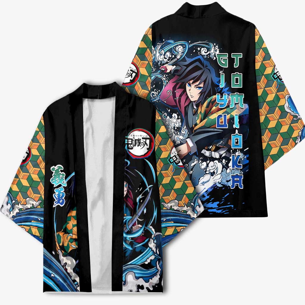 Giyu Tomioka Demon Slayer Kimono with Green and Orange Cube Water Style Design - The Mazicc