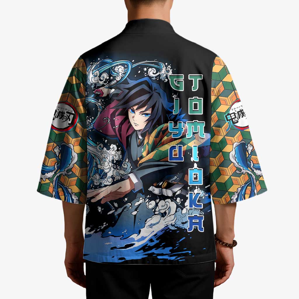 Giyu Tomioka Demon Slayer Kimono with Green and Orange Cube Water Style Design - The Mazicc