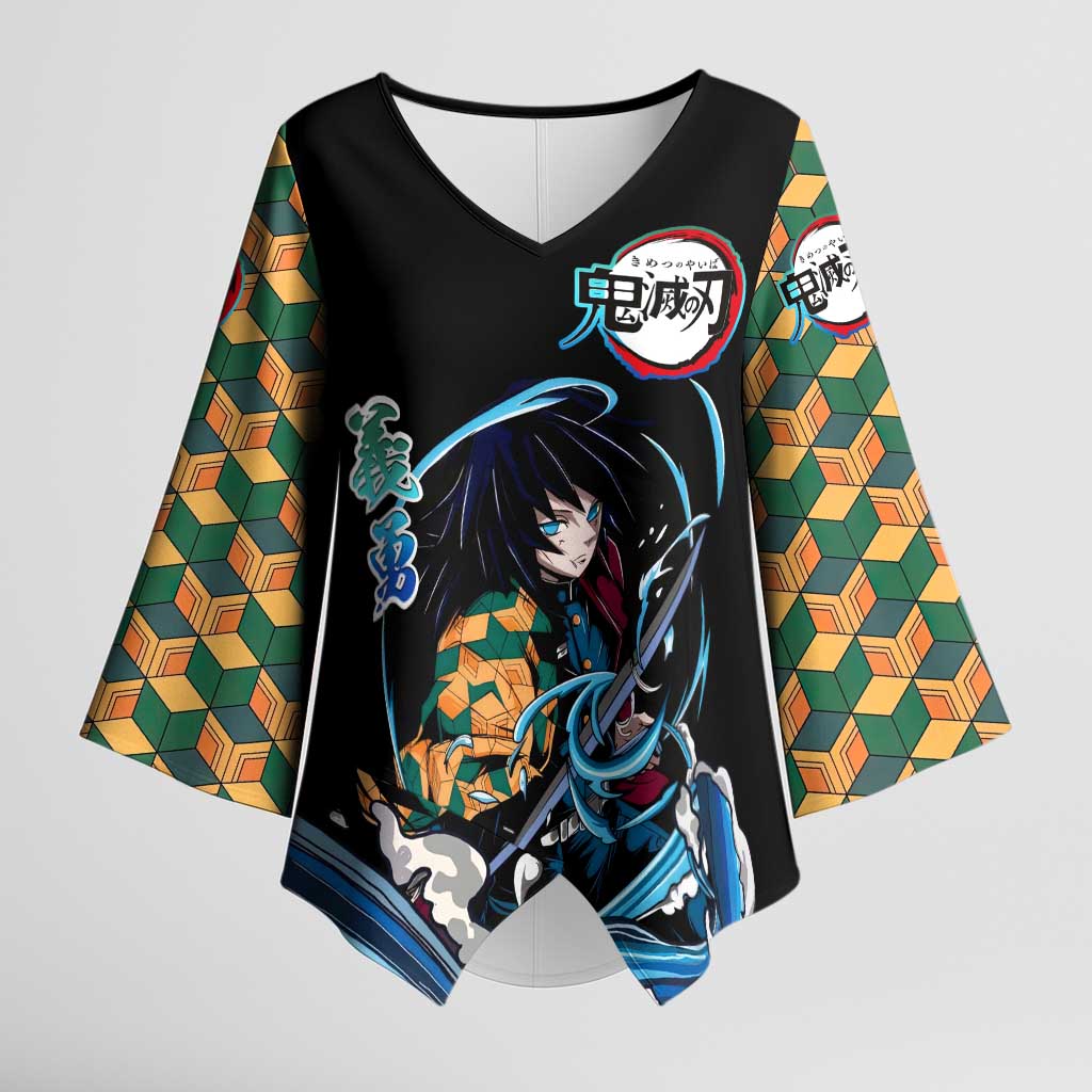 Giyu Tomioka Demon Slayer Kimono Sleeve Blouse with Green and Orange Cube Water Style Design - The Mazicc