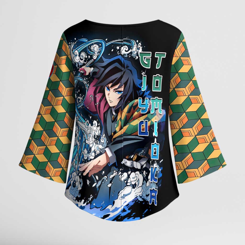 Giyu Tomioka Demon Slayer Kimono Sleeve Blouse with Green and Orange Cube Water Style Design - The Mazicc