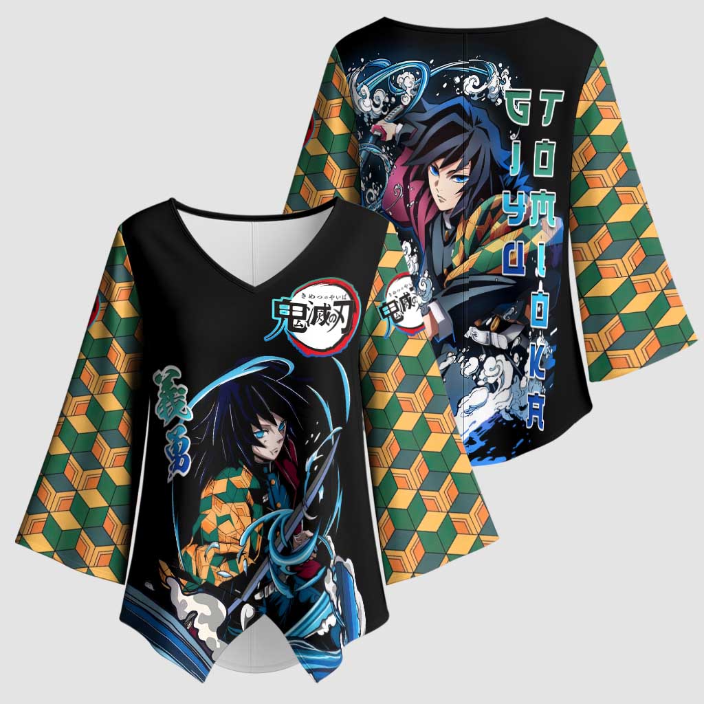 Giyu Tomioka Demon Slayer Kimono Sleeve Blouse with Green and Orange Cube Water Style Design - The Mazicc