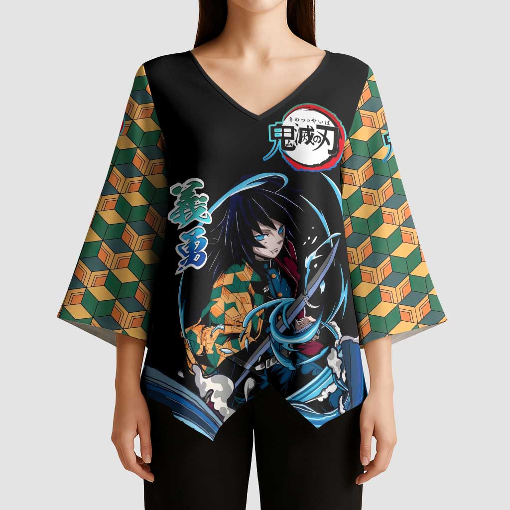 Giyu Tomioka Demon Slayer Kimono Sleeve Blouse with Green and Orange Cube Water Style Design - The Mazicc