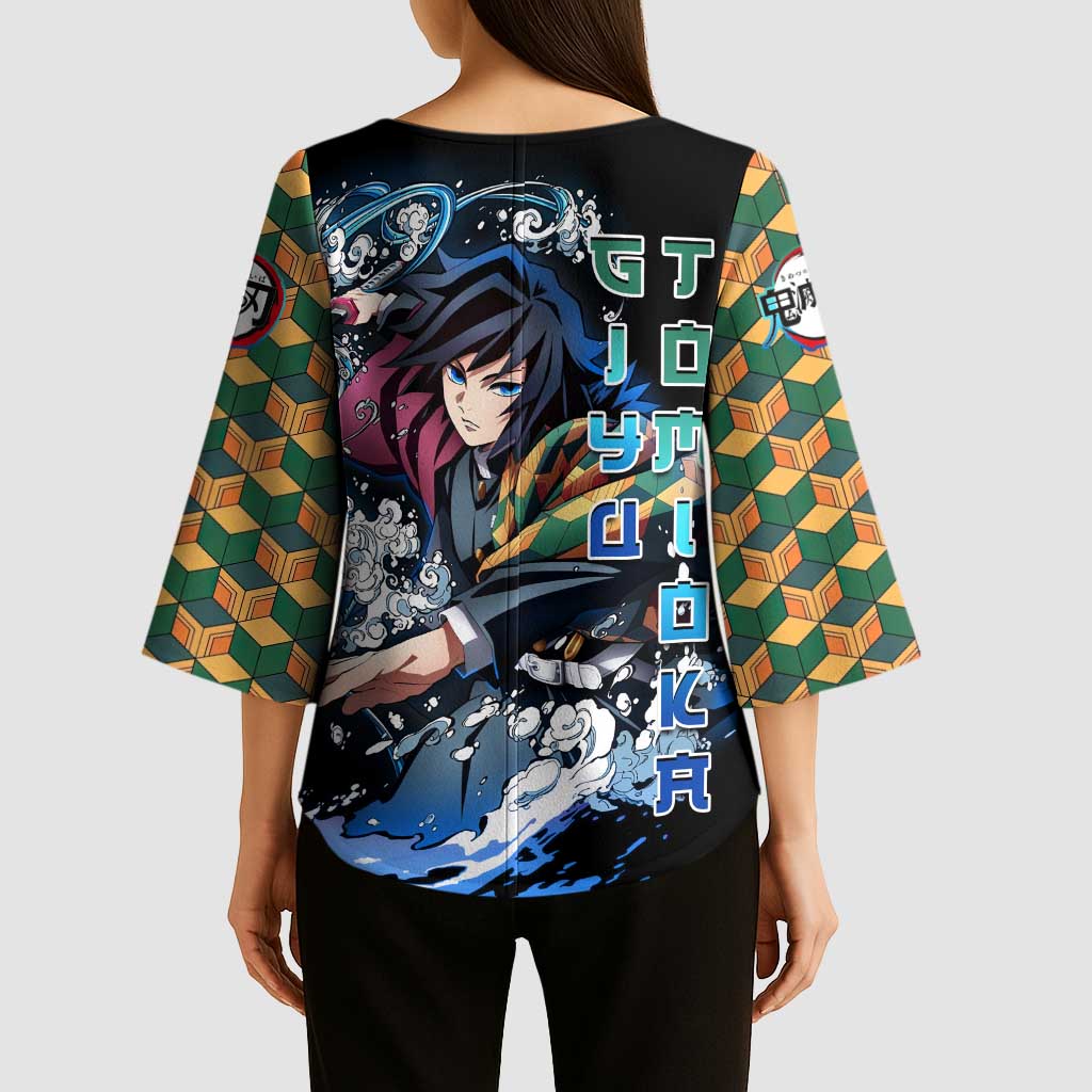 Giyu Tomioka Demon Slayer Kimono Sleeve Blouse with Green and Orange Cube Water Style Design - The Mazicc