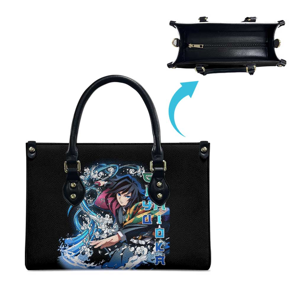 Giyu Tomioka Demon Slayer Leather Bag with Green and Orange Cube Water Style Design - The Mazicc