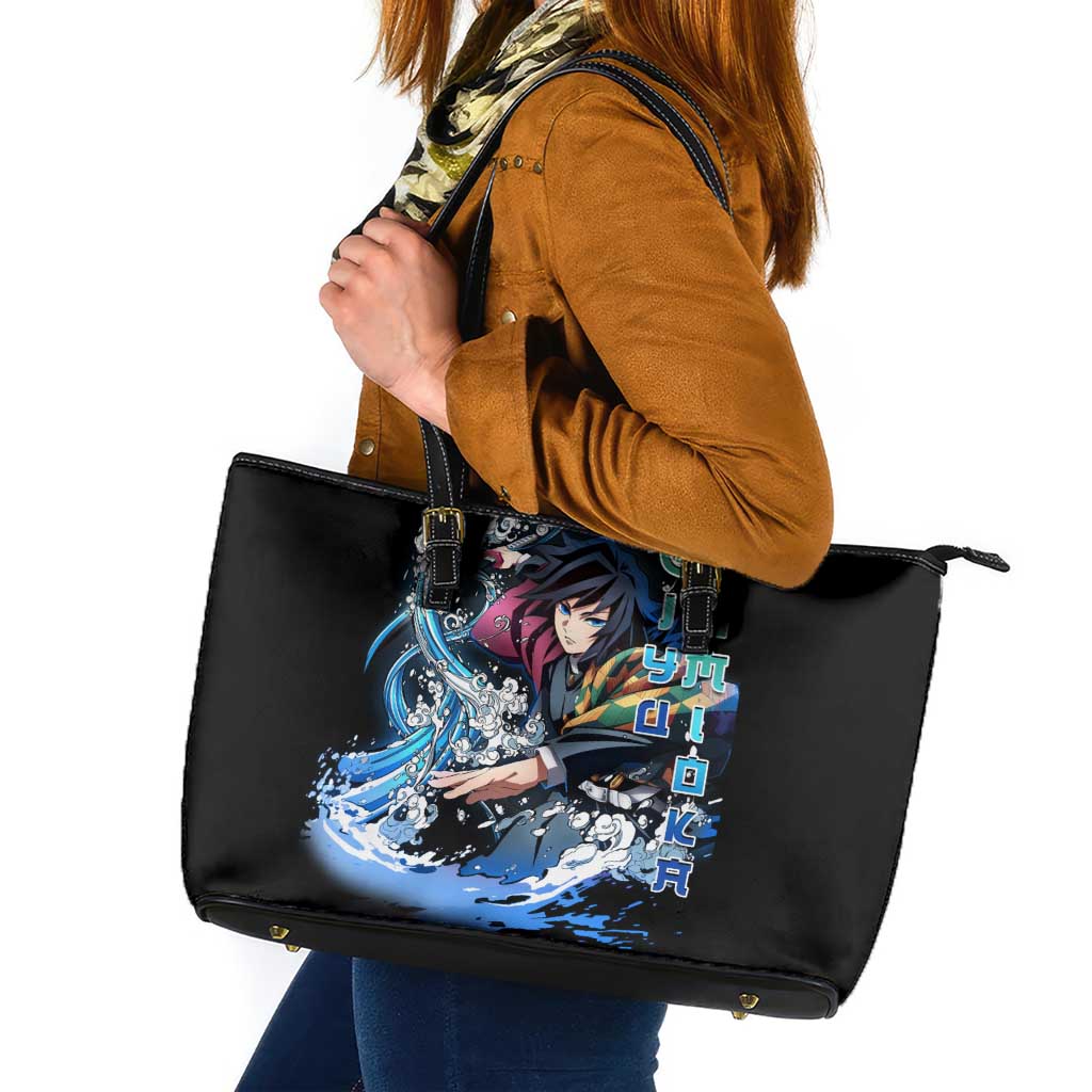 Giyu Tomioka Demon Slayer Leather Tote Bag with Green and Orange Cube Water Style Design - The Mazicc