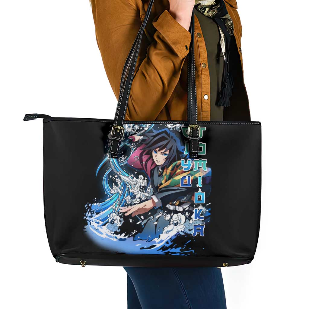 Giyu Tomioka Demon Slayer Leather Tote Bag with Green and Orange Cube Water Style Design - The Mazicc