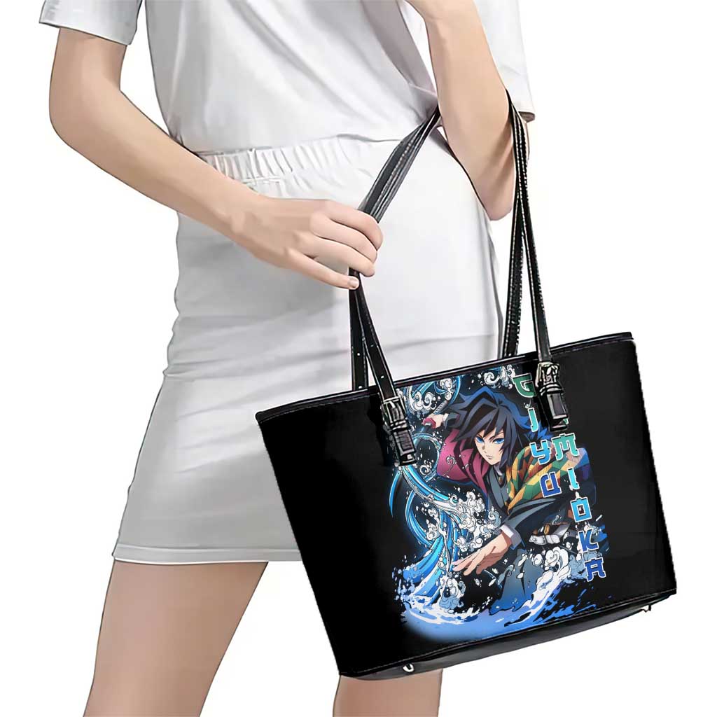 Giyu Tomioka Demon Slayer Leather Tote Bag with Green and Orange Cube Water Style Design - The Mazicc