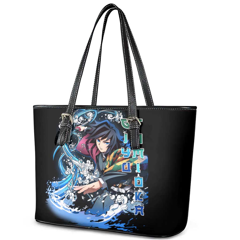 Giyu Tomioka Demon Slayer Leather Tote Bag with Green and Orange Cube Water Style Design - The Mazicc