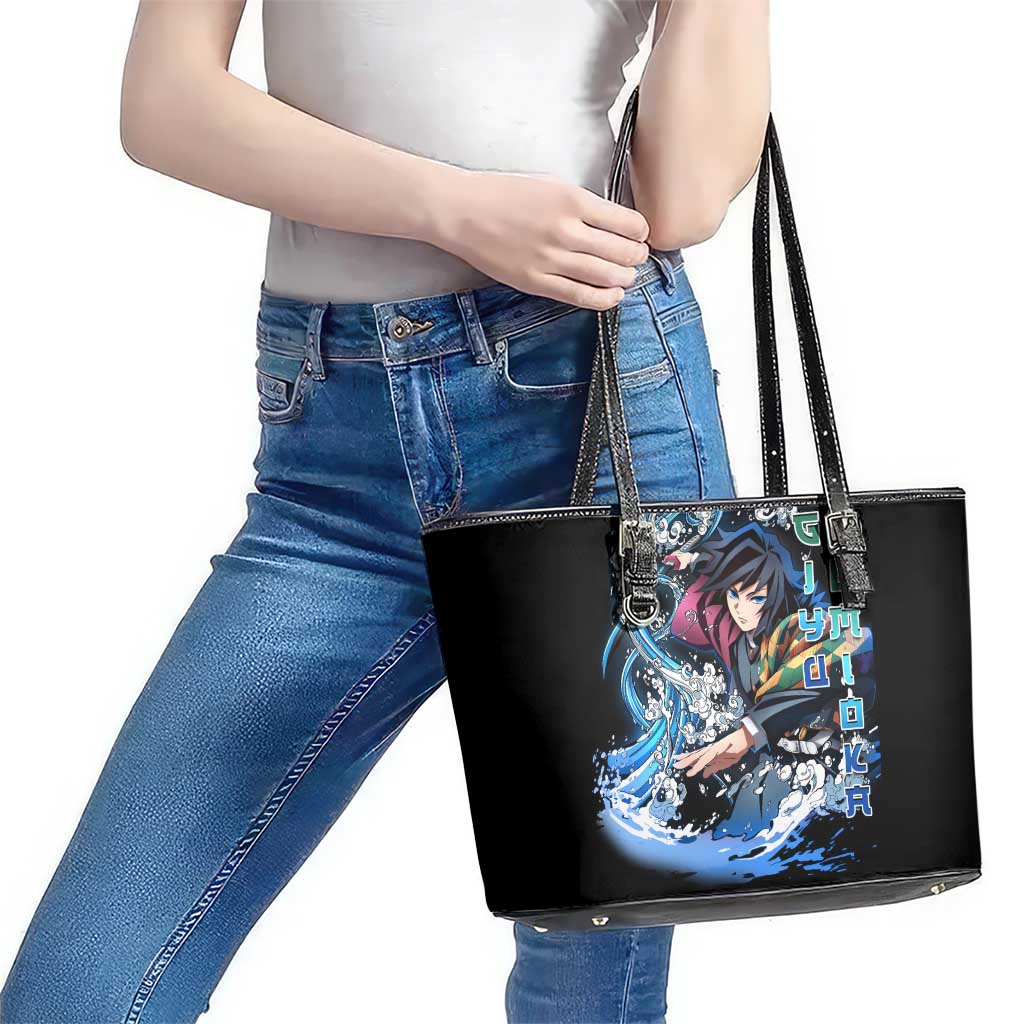 Giyu Tomioka Demon Slayer Leather Tote Bag with Green and Orange Cube Water Style Design - The Mazicc
