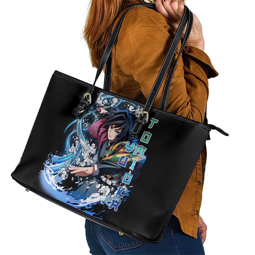 Giyu Tomioka Demon Slayer Leather Tote Bag with Green and Orange Cube Water Style Design - The Mazicc